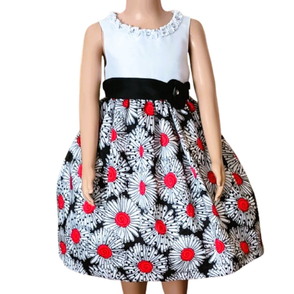 American Princess Floral Dress 5 Girls Sleeveless Red Black Daisy Ruffle Neck
